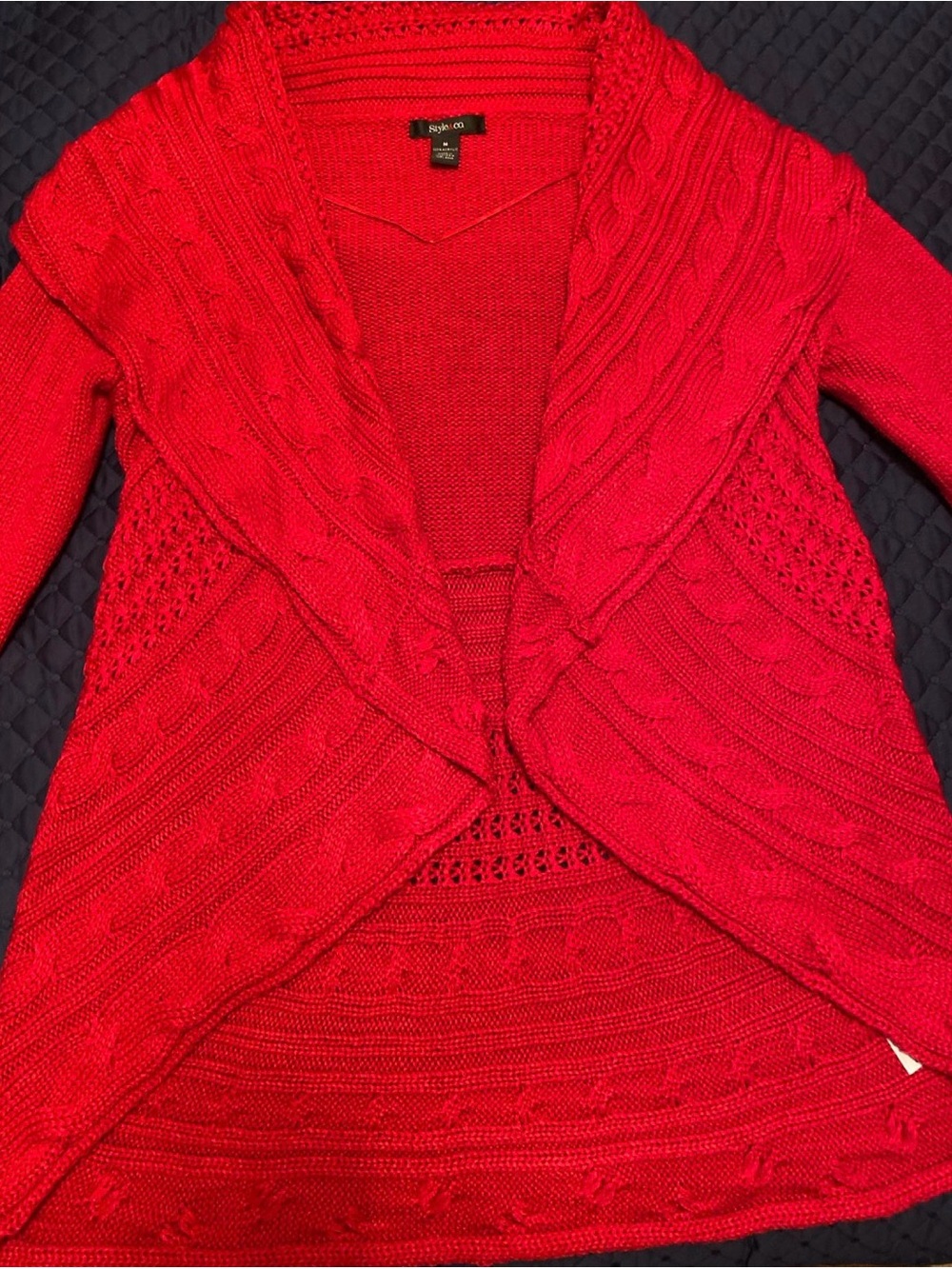 Style & Co. Bright Red Cable-Knit Shawl Collar Open Cardigan
